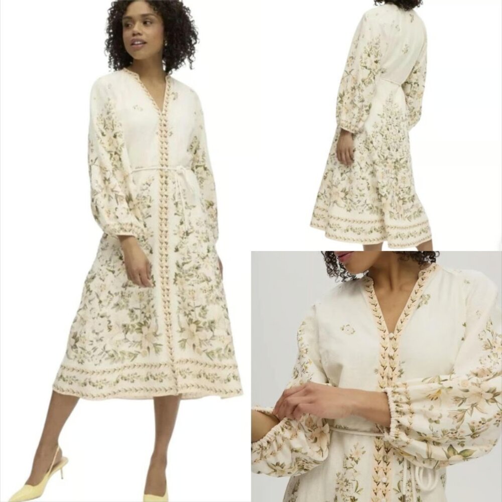 Calypso St. Barth Linen Blend Magnolia Floral Midi Dress Long Sleeves Size M